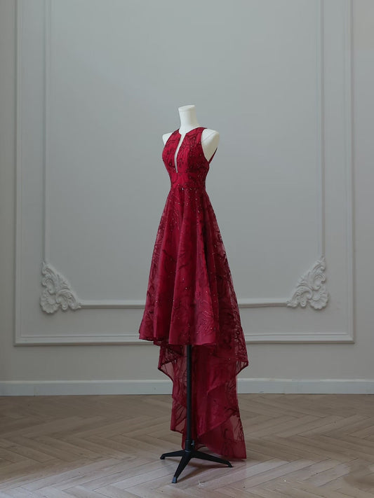Sexy High Low Burgundy Sequin Long Prom Dresses Evening Gowns