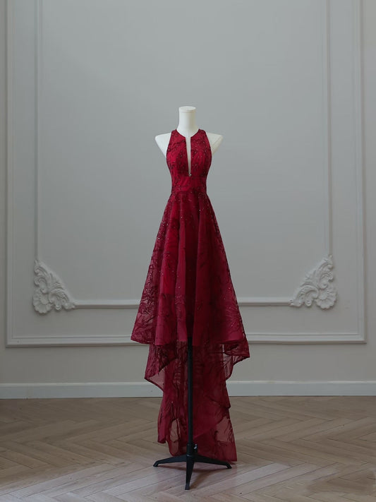 Sexy High Low Burgundy Sequin Long Prom Dresses Evening Gowns