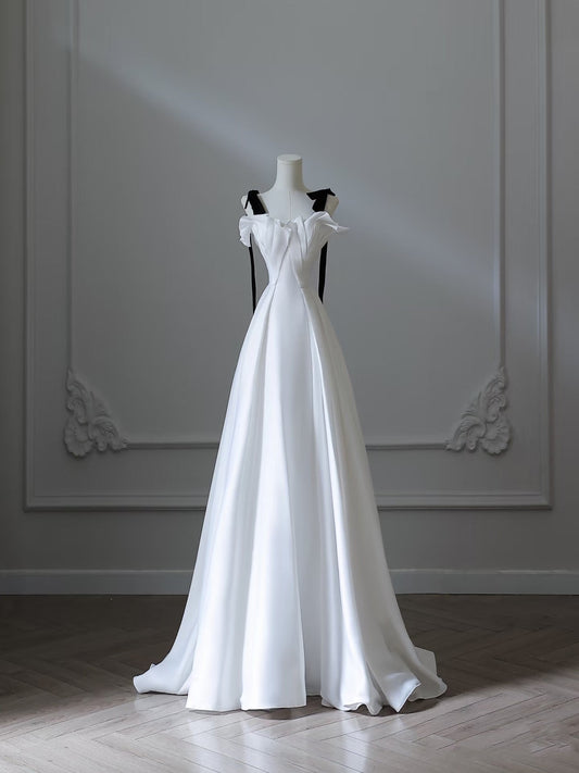 Sexy A Line Straps White Satin Long Prom Dresses Evening Gowns