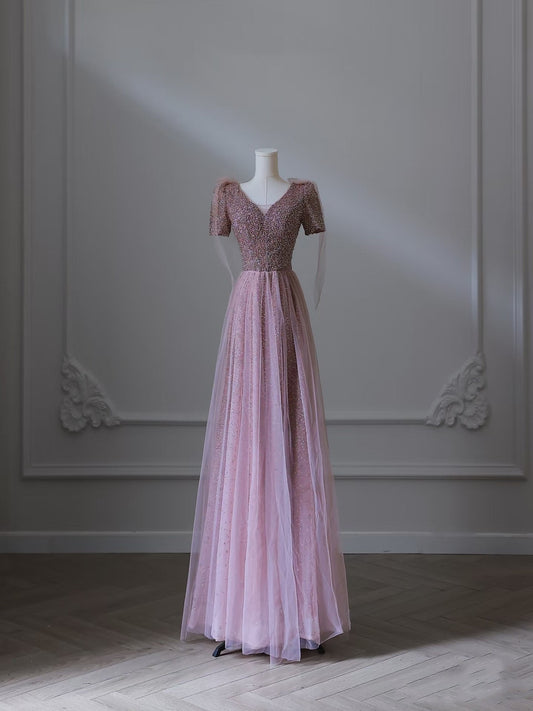 Sexy A line V Neckline Pink Sequin Long Prom Dresses Evening Gowns