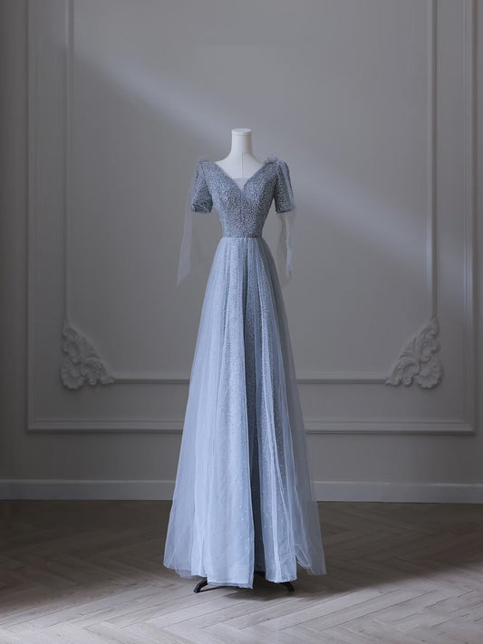 Sexy A line V Neckline Blue Sequin Long Prom Dresses Evening Gowns