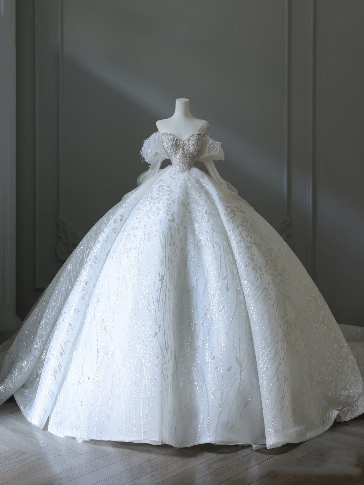 Unique Ball Gown Off The Shoulder Lace Long Sleeves Wedding Dresses Brides Dress
