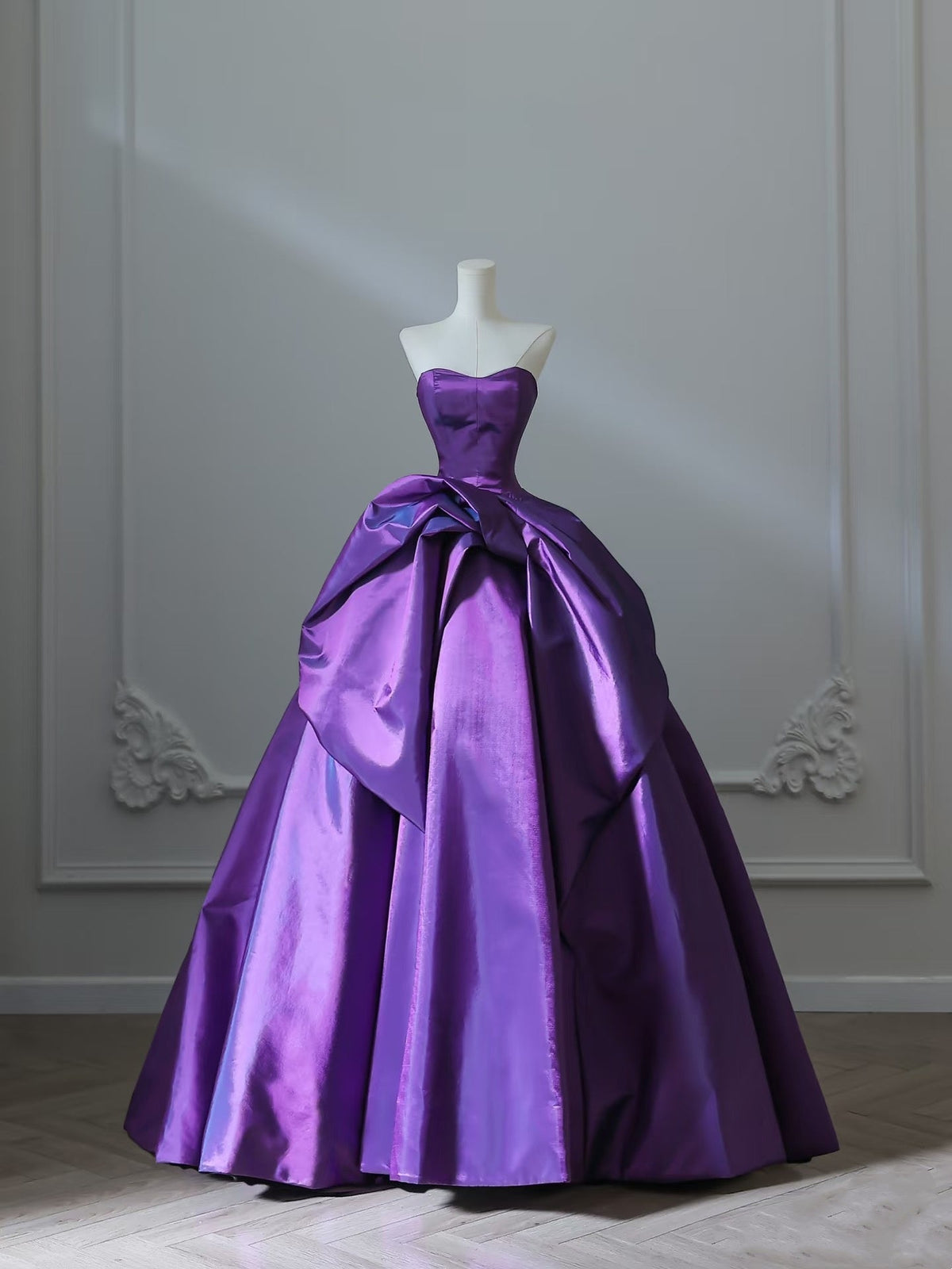 Pretty Ball Gown Strapless Grape Satin Long Prom Dresses Evening Gowns