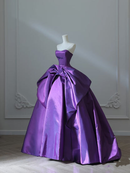 Pretty Ball Gown Strapless Grape Satin Long Prom Dresses Evening Gowns