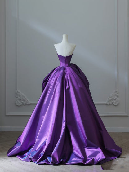Pretty Ball Gown Strapless Grape Satin Long Prom Dresses Evening Gowns