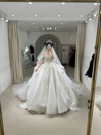 Timeless Ball Gown Off The Shoulder Satin Tulle Lace Beaded With Veil Long Wedding Dresses C3903
