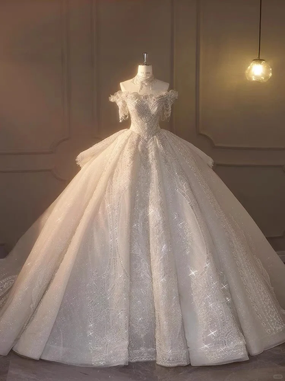 Timeless Ball Gown Off The Shoulder Tulle Sequin Beaded Long Wedding Dresses C3915