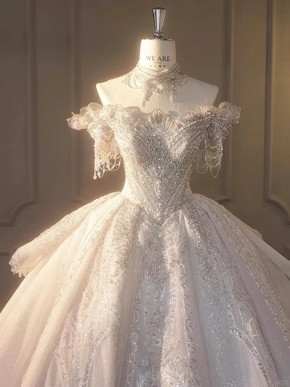 Timeless Ball Gown Off The Shoulder Tulle Sequin Beaded Long Wedding Dresses C3915