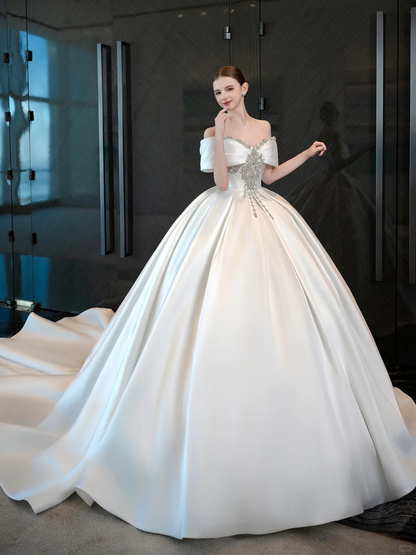 Pretty Ball Gown Off The Shoulder Satin Applique Long Wedding Dresses C3944