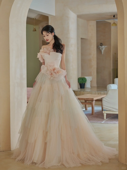 Elegant Ball Gown Strapless Satin Tulle Long Wedding Dresses C3964