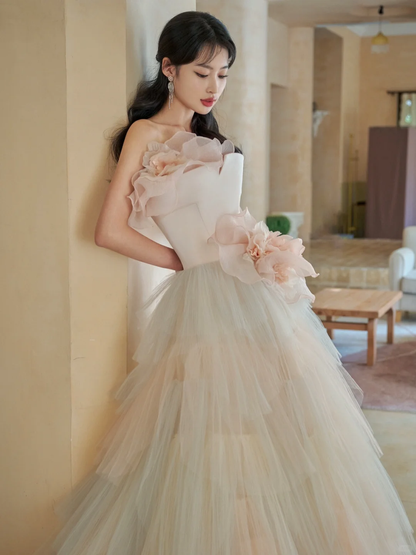Elegant Ball Gown Strapless Satin Tulle Long Wedding Dresses C3964