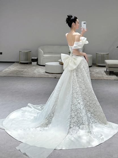 Dreamy Ball Gown Off The Shoulder Satin Tulle Lace Long Wedding Dresses C3972
