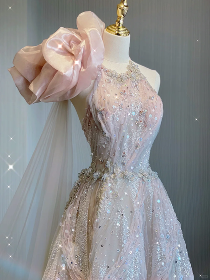 Classy Ball Gown One Shoulder Pink Sequin Evening Dress Long Prom Dresses P0020
