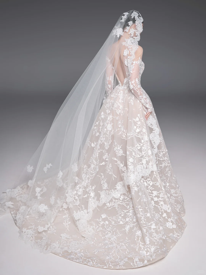 Vintage Ball Gown  Off The Shoulder Satin Lace Backless Long Sleeves With Veil Long Wedding Dresses C4002