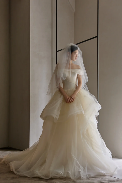 Pretty Ball Gown Off The Shoulder Tulle With Veil Long Wedding Dresses C4015