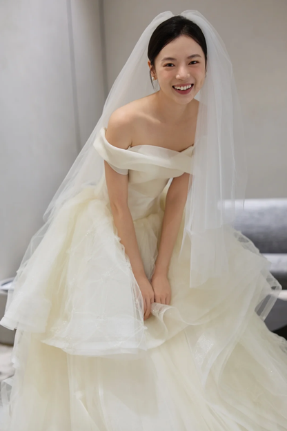 Pretty Ball Gown Off The Shoulder Tulle With Veil Long Wedding Dresses C4015