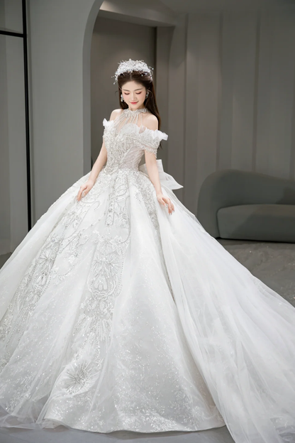 Timeless Ball Gown Off The Shoulder Tulle Sequin Beaded Long Wedding Dresses C4031