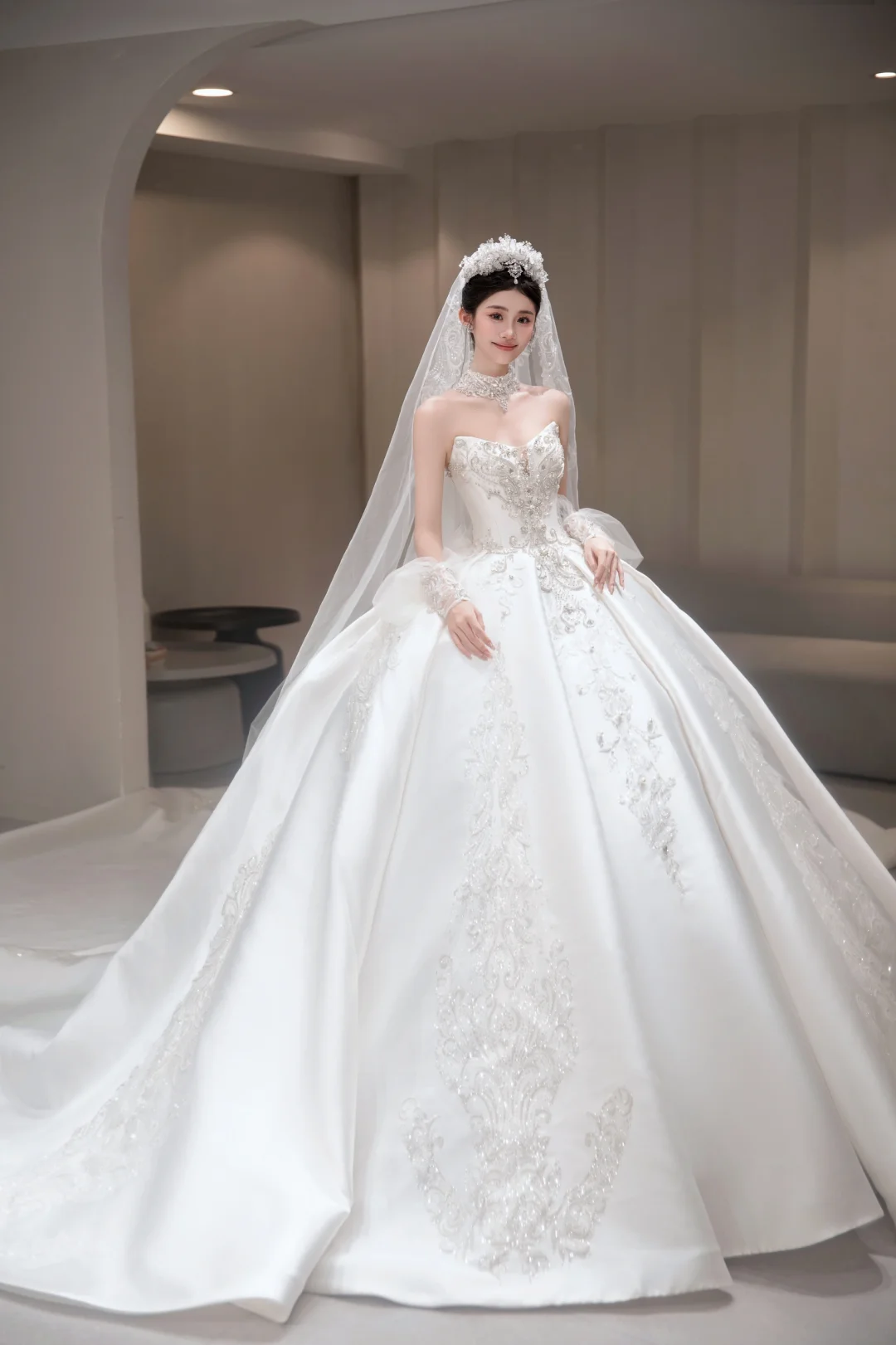 Dreamy Ball Gown Strapless Satin Applique With Veil Long Wedding Dresses C4037