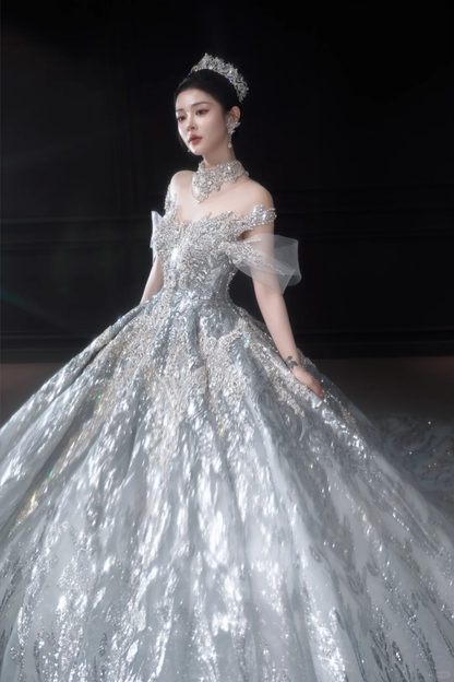Timeless Ball Gown Off The Shoulder Tulle Sequin Long Wedding Dresses C4038