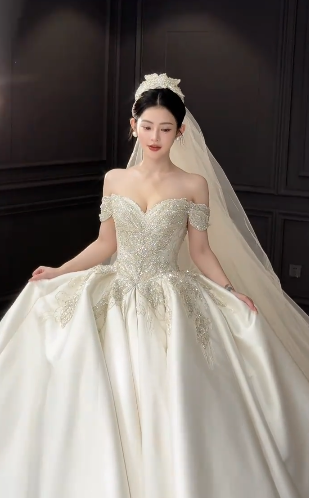 Elegant Ball Gown Off The Shoulder Satin Beaded With Veil Long Wedding Dresses C4044