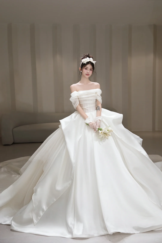 Pretty Ball Gown Off The Shoulder Satin Long Wedding Dresses C4048