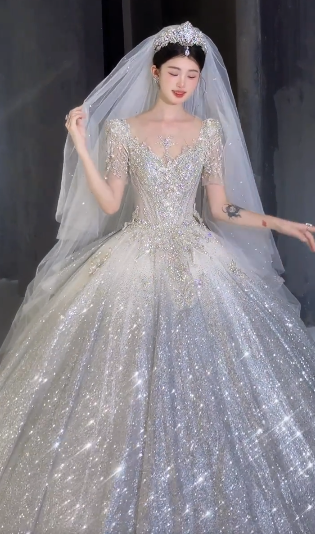 Shiny Ball Gown Tulle Sequin Beaded Short Sleeves With Veil Long Wedding Dresses C4054