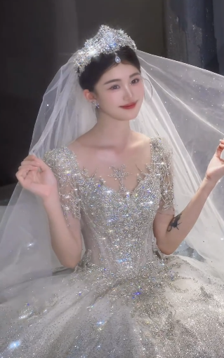 Shiny Ball Gown Tulle Sequin Beaded Short Sleeves With Veil Long Wedding Dresses C4054