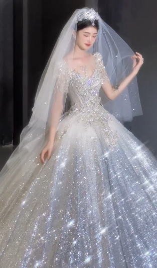 Shiny Ball Gown Tulle Sequin Beaded Short Sleeves With Veil Long Wedding Dresses C4054