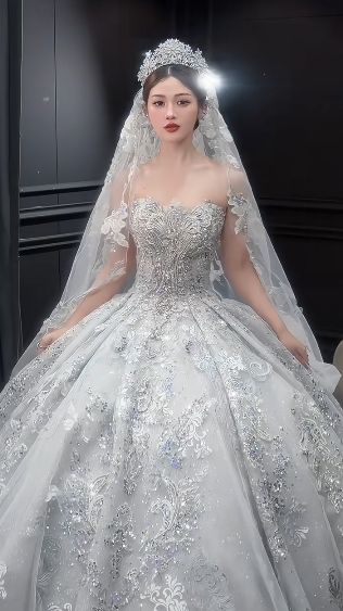 Dreamy Ball Gown Strapless Tulle Sequin Beaded With Veil Long Wedding Dresses C4066
