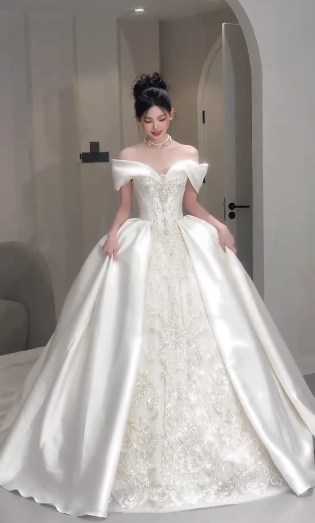 Stunning Ball Gown Off The Shoulder Satin Lace Beaded Long Wedding Dresses C4067