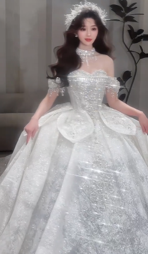 Gorgeous Ball Gown Off The Shoulder Tulle Sequin Beaded Long Wedding Dresses C4074