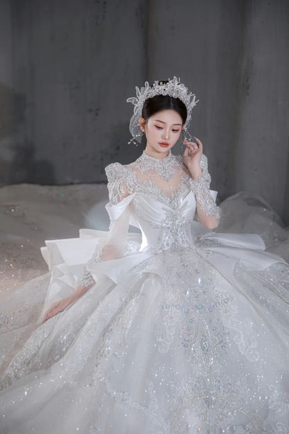 Timeless Ball Gown Satin Tulle Sequin Beaded Long Sleeves Long Wedding Dresses C4077
