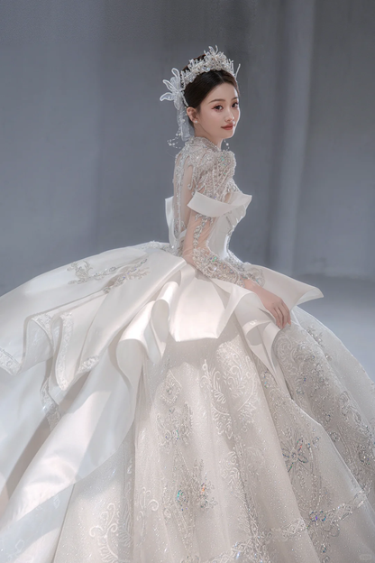 Timeless Ball Gown Satin Tulle Sequin Beaded Long Sleeves Long Wedding Dresses C4077