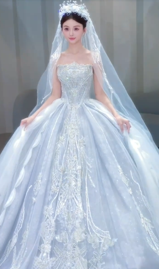 Gorgeous Ball Gown Strapless Tulle Sequin With Veil Long Wedding Dresses C4087