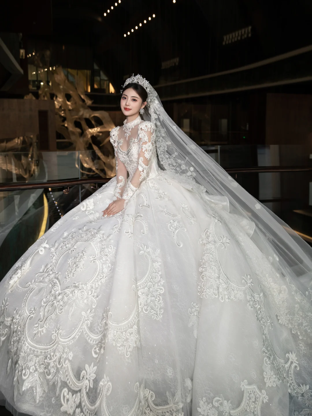Dreamy Ball Gown Tulle Lace Applique Long Sleeves With Veil Long Wedding Dresses C4089