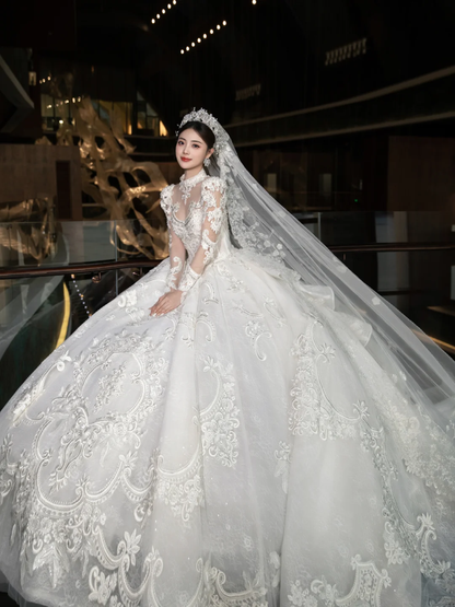 Dreamy Ball Gown Tulle Lace Applique Long Sleeves With Veil Long Wedding Dresses C4089