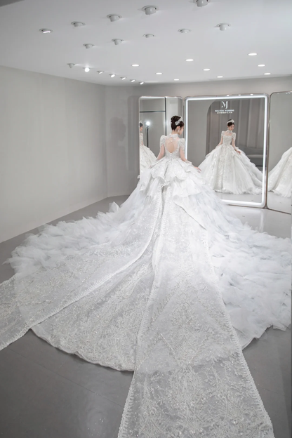 Gorgeous Ball Gown Tulle Sequin Long Sleeves Long Wedding Dresses C4090