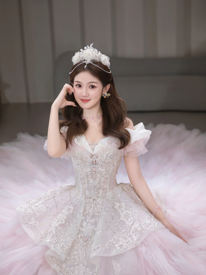 Unique Ball Gown Off The Shoulder Tulle Sqeuin Long Wedding Dresses C4092