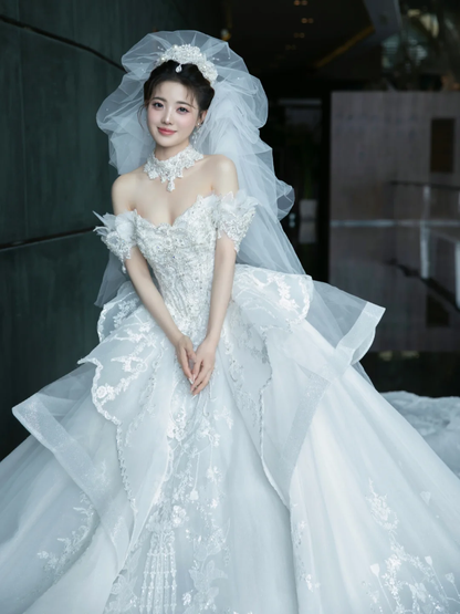 Dreamy Ball Gown Off The Shoulder White Tulle Lace With Veil Long Wedding Dresses C4098