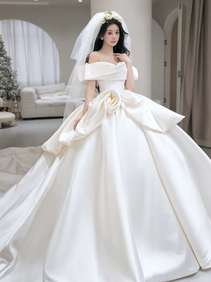 Elegant Ball Gown Off The Shoulder Satin With Veil Long Wedding Dresses C4100
