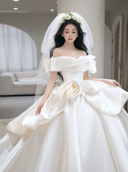 Elegant Ball Gown Off The Shoulder Satin With Veil Long Wedding Dresses C4100