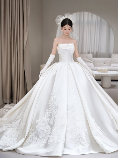 Classy Ball Gown Strapless Satin Applique With Veil Gloves Long Wedding Dresses C4101