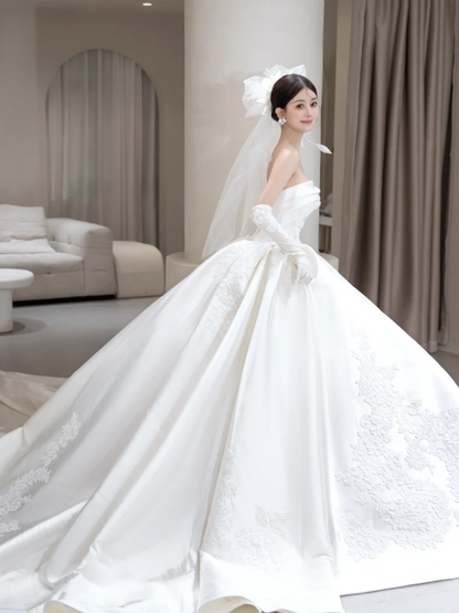 Classy Ball Gown Strapless Satin Applique With Veil Gloves Long Wedding Dresses C4101