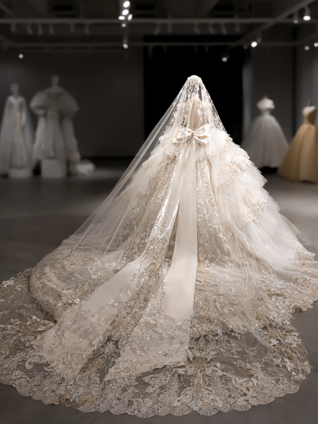Luxurious Ball Gown Tulle Lace Sequin Beaded Long Sleeves With Veil Long Wedding Dresses C4102