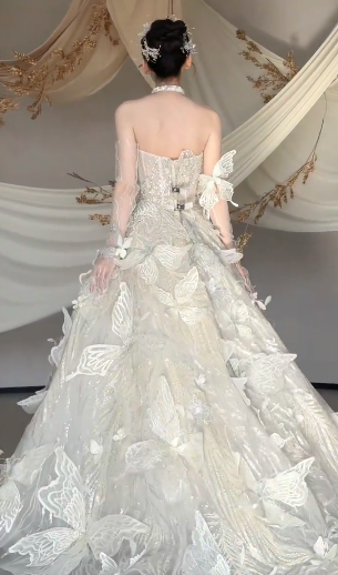 Gorgeous Ball Gown Starpless Tulle Butterfly Long Wedding Dresses C4104