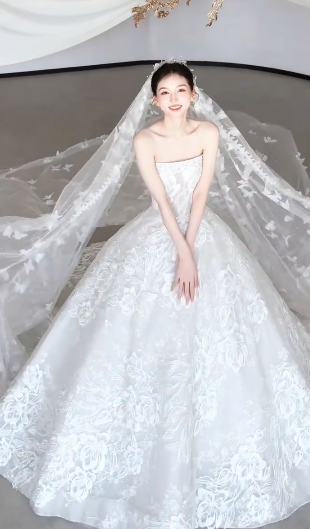Dreamy White Ball Gown Starpless Tulle Lace With Veil Long Wedding Dresses C4105