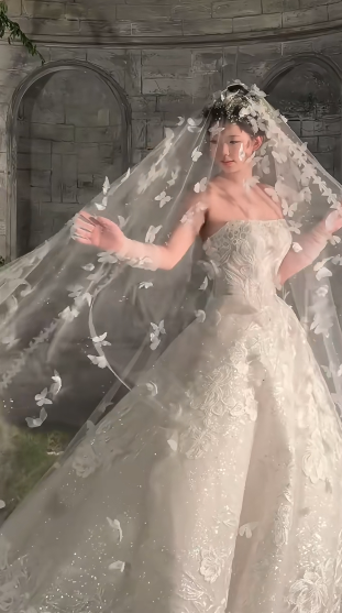 Pretty Ball Gown Strapless Tulle Lace Sequin With Veil Long Wedding Dresses C4124