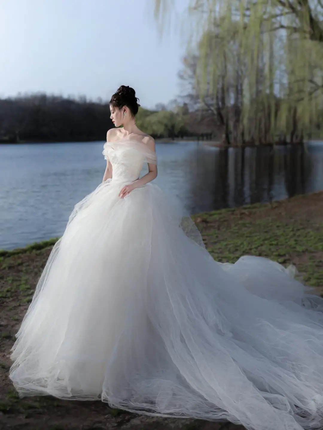 Elegant Ball Gown Off The Shoulder Tulle Long Wedding Dresses C4127
