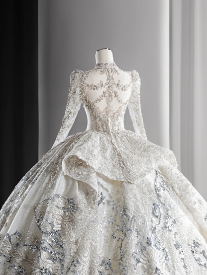 Timeless Ball Gown Tulle Lace Sequin Beaded Long Sleeves Long Wedding Dresses C4131