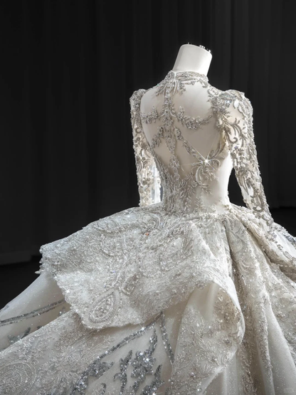 Timeless Ball Gown Tulle Lace Sequin Beaded Long Sleeves Long Wedding Dresses C4131